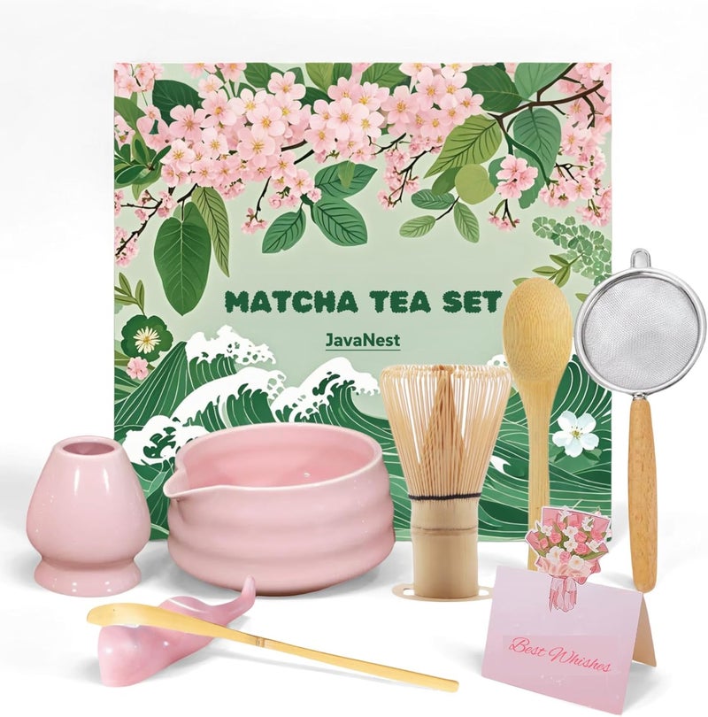 JavaNest Matcha Tea Set, 7-Piece Matcha Making Kit, Macha Whisk Set, Matcha Bowl with Spout, Chasen Whisk Holder, Macha Starter Sifter, Bamboo Scoop, Spoon Japanese Tea Tools For Ceremony Gift (Pink) - Image 1